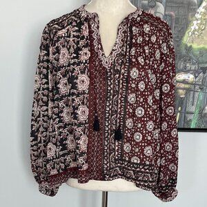 Elie Tahari Burgundy Print Peasant Blouse L